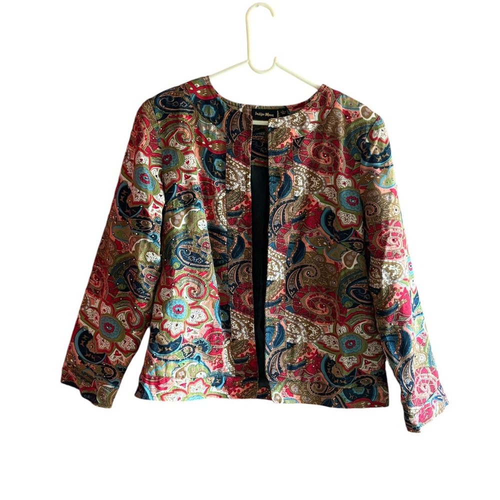 INDIGO MOON WOMEN SIZE L MULTICOLORED BEADED EMBROIDERED EYE HOOK CLOSURE JACKET